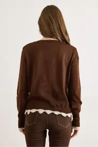 Olalook Women's Brown Lace Detailed Thin Knitwear Cardigan - Image 6