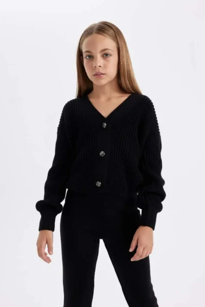 DeFacto Girl's V-Neck Buttoned Black Basic Plain Knitwear Cardigan A2298a824au