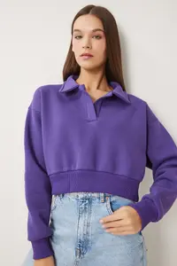 Happiness İstanbul Women's Purple Polo Shirt Neck Rose Gold Crop Knitted Sweatshirt