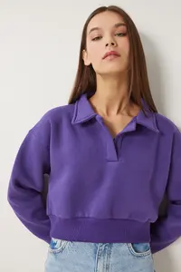 Happiness İstanbul Women's Purple Polo Shirt Neck Rose Gold Crop Knitted Sweatshirt - Image 2