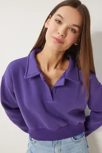 Happiness İstanbul Women's Purple Polo Shirt Neck Rose Gold Crop Knitted Sweatshirt - Image 3