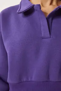 Happiness İstanbul Women's Purple Polo Shirt Neck Rose Gold Crop Knitted Sweatshirt - Image 4