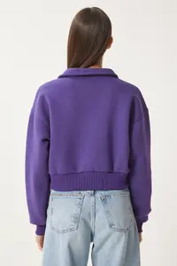 Happiness İstanbul Women's Purple Polo Shirt Neck Rose Gold Crop Knitted Sweatshirt - Image 5