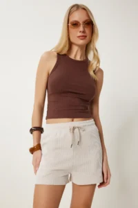 Happiness İstanbul Women Beige Bonnet Striped with pocket Knitting Shorts - Image 2