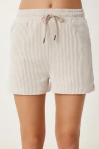 Happiness İstanbul Women Beige Bonnet Striped with pocket Knitting Shorts - Image 3