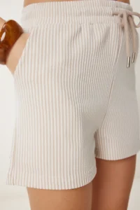 Happiness İstanbul Women Beige Bonnet Striped with pocket Knitting Shorts - Image 4