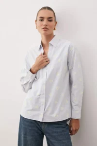 TRENDYOLMİLLA Mavi Striped flower patterned Cotton Oversized Wide Pattern Weaving Shirt - Image 2