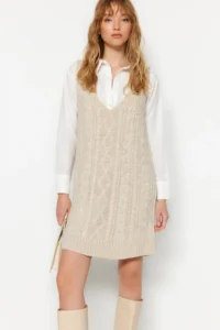 TRENDYOLMİLLA Stone Mini Braided Knitwear Gilet Dress - Image 2