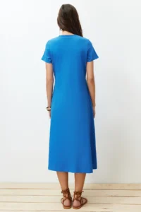 TRENDYOLMİLLA Saks Blue with pocket Crew Neck A-line Knitting Midi Dress - Image 3