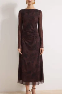 TRENDYOLMİLLA Brown Abstract Ruffle / Drape Maxi Knitting Dress - Image 3