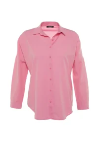 TRENDYOLMİLLA Pink Cotton Oversized Wide Pattern Weaving Shirt - Image 12