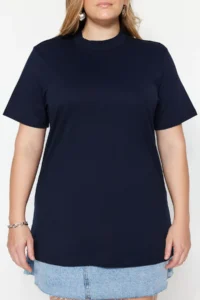 Trendyol Curve Navy Blue Ribbed Relaxed 100% Cotton Knitting T-Shirt - Image 3