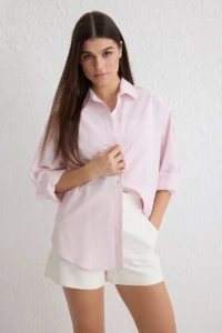 TRENDYOLMİLLA Light Pink Basic Striped Oversized Wide Pattern Weaving Shirt - Image 2