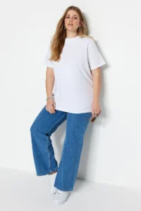 Trendyol Curve White Navy Blue Ribbed relaxed 100% Cotton Knitting T-Shirt