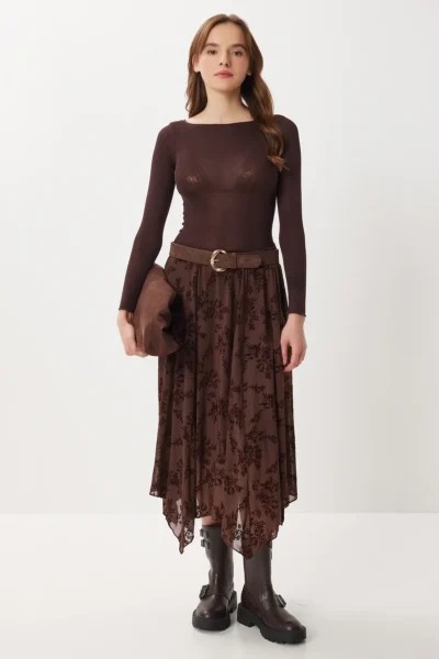Lovelyİstanbul Velvet Patterned Asymmetric Tulle Skirt BROWN