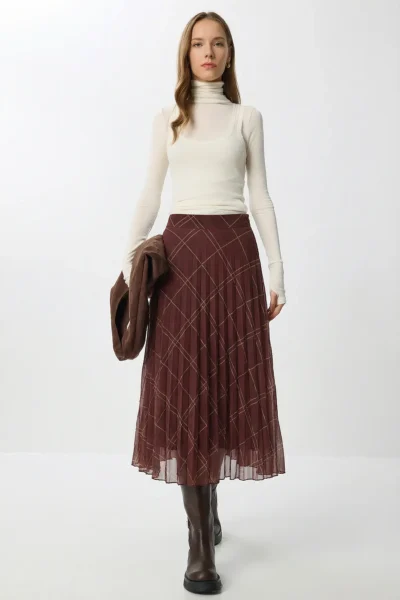 Lovelyİstanbul Patterned Pleated Midi Chiffon Skirt BROWN KHAKI