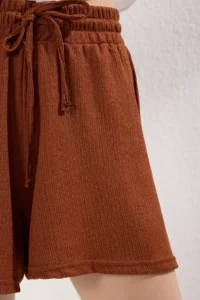 TRENDYOLMiLLA Navy Blue-Brick Rejection Crepe relaxed/Rahat Pattern Short Flexible Knitting  Shorts & Bermuda - Image 5