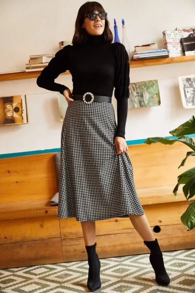 Olalook Women's Houndstooth Black Elastic Waist Suede Textured Bell Skirt