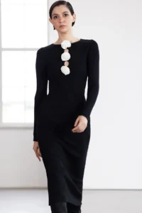 TRENDYOLMİLLA Black Maxi Premium/Special Yarn Knitwear Rose Detailed LONG Dress - Image 2