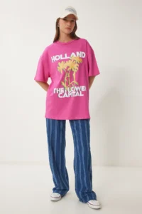Happiness İstanbul Women's Dark Pink Oversize Printed Knitted T-Shirt