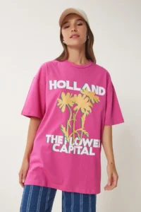 Happiness İstanbul Women's Dark Pink Oversize Printed Knitted T-Shirt - Image 3