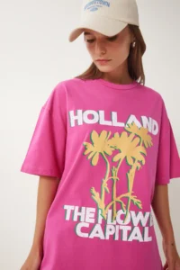 Happiness İstanbul Women's Dark Pink Oversize Printed Knitted T-Shirt - Image 4