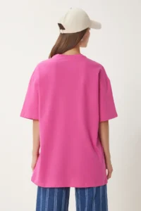 Happiness İstanbul Women's Dark Pink Oversize Printed Knitted T-Shirt - Image 5