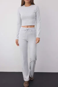 TRENDYOLMİLLA Wardrobe Essentials –Gray Melange slim/Fitting Knitting Top and Bottom Set | - Image 3
