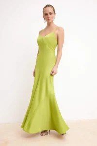 TRENDYOLMİLLA Green Satin Skirt with flywheel Midi Dress