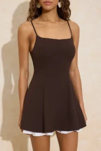 TRENDYOLMİLLA Brown Skirt Detailed Godeli polyviscone Mini Weaving Dress - Image 3