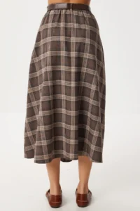 Lovelyİstanbul Belted Checkered Midi Polyviscon Skirt  BROWN - Image 4