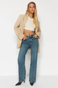TRENDYOLMİLLA Mavi Soluk Efekt Vintage High Waist Wide Leg Wide Leg 100% Cotton Non-Stretch jeans