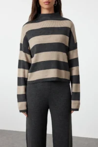 TRENDYOLMiLLA Stone Wide Pattern Striped Knitwear Top and Bottom Set - Image 3