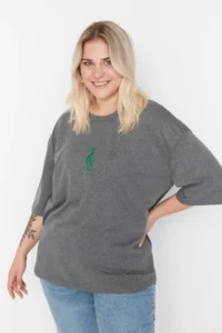 Trendyol Curve Anthracite Wide Pattern Embroidery Detailed Knitting Plus Size T-Shirt - Image 3