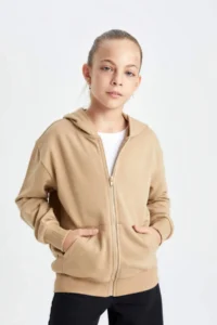 DeFacto Girl's Basic Plain Hooded Zippered School Cardigan - Image 4