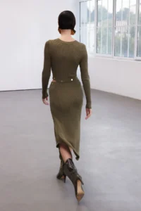 TRENDYOLMİLLA Khaki Mercerized Look Midi Knitwear Snap Button Detailed LONG Dress - Image 4