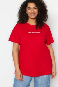 Trendyol Curve Red relaxed Fit Slogan Printed Crew Neck 100% Cotton Knitting Plus Size T-Shirt