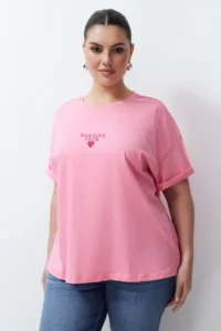 Trendyol Curve Pink Printed Oversized 100% Cotton Knitting T-Shirt - Image 4