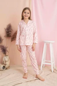 Tarık Girl's Pink Rabbit Pattern Front Buttoned Long Sleeve Knitted Combed Cotton Fabric Pajama Set - Image 2