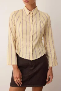 TRENDYOLMİLLA Yellow-Multicolored Waist Shirred Fitted Sleeves Wide Shirt - Image 3