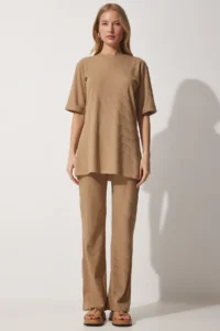 Happiness İstanbul Women's Biscuit Ribbed Stretchy Knitted Bottom Top Set - Image 3