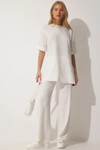 Happiness İstanbul Women's White Ribbed Stretchy Knitted Bottom Top Set - Image 2
