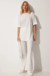 Happiness İstanbul Women's White Ribbed Stretchy Knitted Bottom Top Set - Image 3