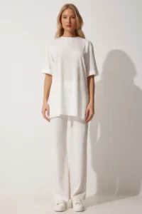 Happiness İstanbul Women's White Ribbed Stretchy Knitted Bottom Top Set - Image 4