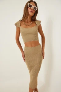 Happiness İstanbul Women's Biscuit Knitwear Flounced Crop Skirt Set - Image 2