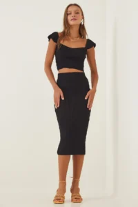 Happiness İstanbul Women Black Knitwear with flywheel Crop Skirt Set