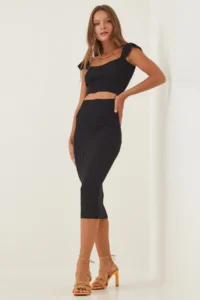 Happiness İstanbul Women Black Knitwear with flywheel Crop Skirt Set - Image 2