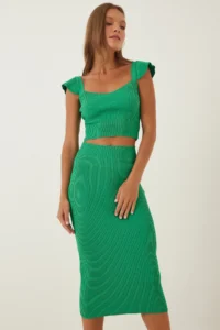 Happiness İstanbul Women Green Knitwear with flywheel Crop Skirt Set