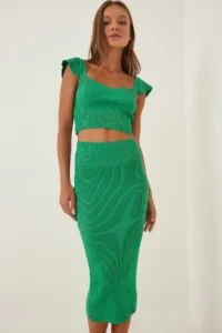Happiness İstanbul Women Green Knitwear with flywheel Crop Skirt Set - Image 2
