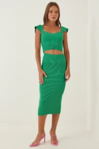 Happiness İstanbul Women Green Knitwear with flywheel Crop Skirt Set - Image 3